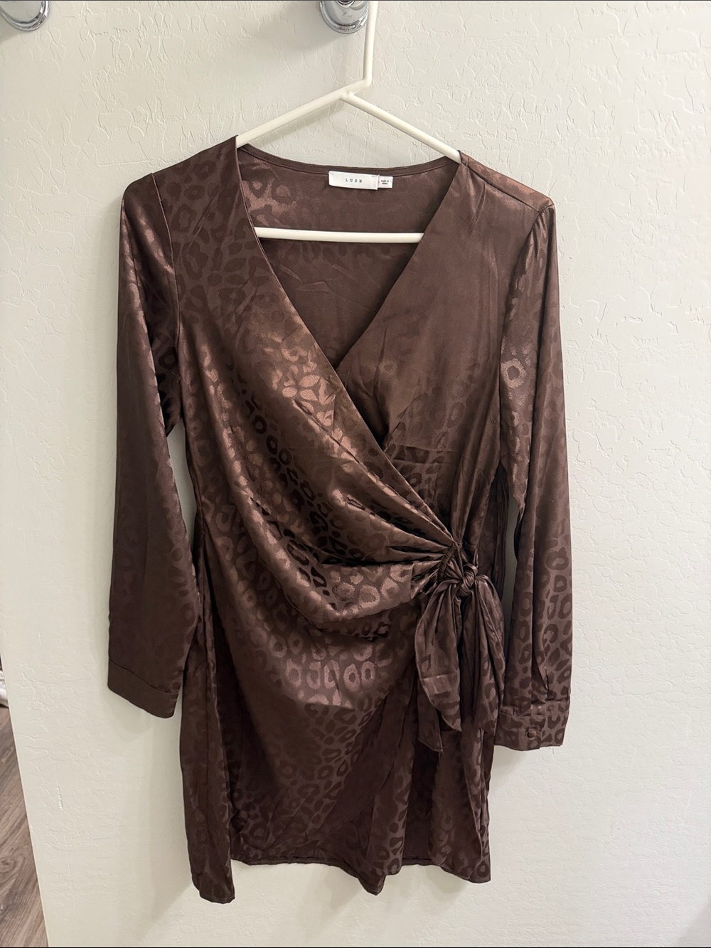 Lush Brown Satin Leopard Wrap Dress